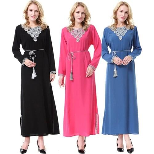 Garment Muslim Long Sleeve Dress abayas For Women Kaftan Dubai Islamic Clothing Solid Color Lace Gown For Girls Caftan eid