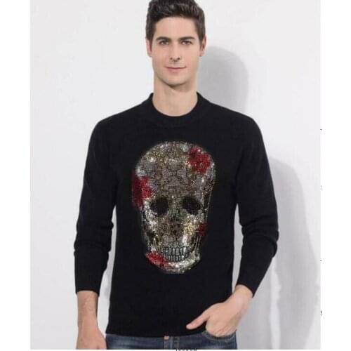 Men Rhinestones Sweater Winter Warm Knitted Mens Sweater Slim Solid Black High quality Hot Drill Sweater Mens Clothing