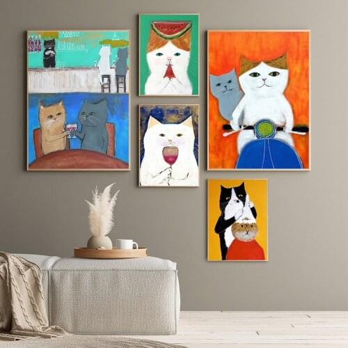 Fun Cartoon Cat Baby Kindergarten Wall Art Poster DJ Cat Drive Motorcycle Drink Oil Painting Nordic Living Room Home Decor