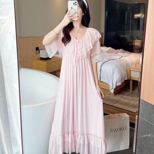 Summer New Pink Mesh Nightdress Ladies V-Neck Long Nightgown Sweet Lace Ruffles Sleepwear Princess Home Dress Autumn Nightwear