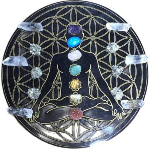 New arrivals chakra Crystal formation black Acrylic crystal grid round plate for home decoration