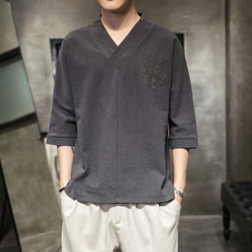 Summer Men Linen Shirt Chinese Style Retro Casual V-Neck Tops Embroidery Traditional Asian Clothes Tang Suit Tops For Man KK3451