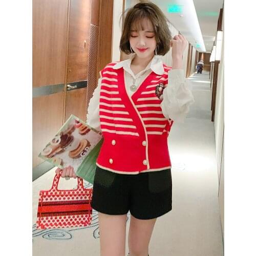 Stitched Ruffle shirt+A two-piece suit of striped knitted waistcoat 2021 Spring new High Quality Top Quality
