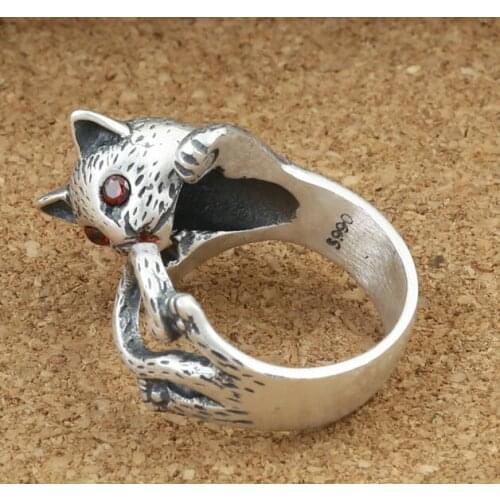 S990 silver ring retro Thai silver creative gift lady cute cat red eye open ring