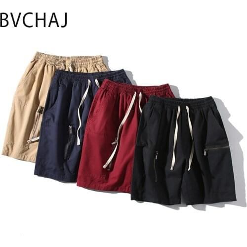 Summer Mens Cargo Shorts Zip Multiple Pockets 100%Cotton Drawstring Elastic Waist And Knee Length Mens Clothing Casual Shorts