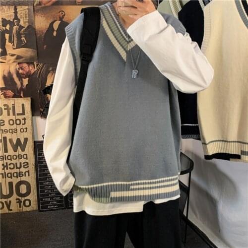 Spring New Loose Fashion Harajuku Style Knitted Sleeveless Sweater Vest Mens Wool Simple Vest V-neck Outer Wear Wild Trend Vest