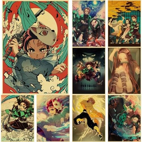 Ainime Demon Slayer Vintage Canvas Painting Wall Art Nordic Posters And Prints Wall Pictures For Kids Room Decor Home Decoration