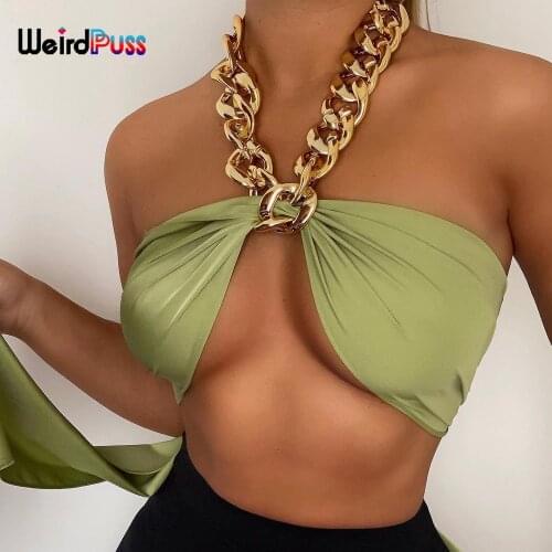 Weird Puss Metal Chain Halter Tank Tops Women Sexy Backless Bandage Mini Camisole 2021 Summer Sleeveless Wild Fashion Clubwear