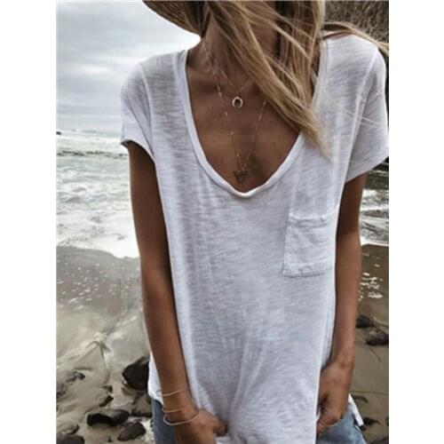 Summer Women Wear Big Collar Pocket Short Sleeve Knit Shirt O-Neck Solid Color Green Gray Purple Khaki White Blue Women Tshirt