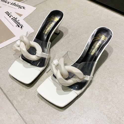Womens 2021 Summer New Chain Decoration High Heels Female Transparent Thin Heels Sandals Slippers Ladies Party Luxury Slides