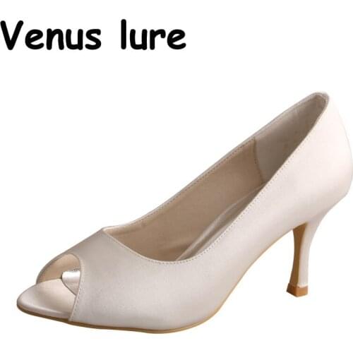 Dropshipping Womens Pumps Heels Off white Peep Toe Wedding Dress Shoes