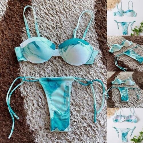 Womens Sexy Swimsuit Thin Strap Tie-Dye Bikini Suit Steel Ring Swimsuit