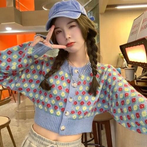 Sweet autumn new style loose long-sleeved flower cardigan sweater women