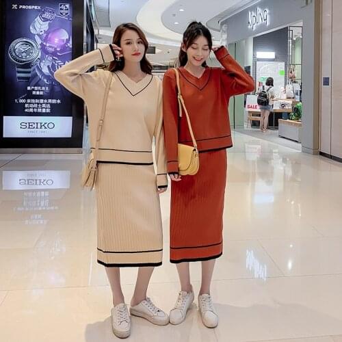 Autumn Winter Two Piece Set Women Hit color Knit Sport Suits Women V-neck Sweater + High waist Long skirt suit Women Outfits