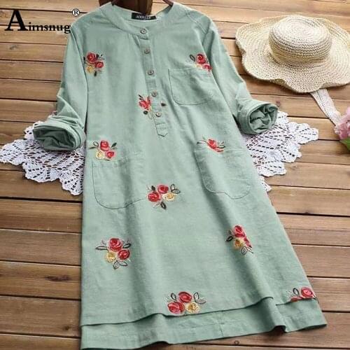 Plus size 4xl 5xl Women Linen Chic Dress Button Embroidery Flower Print Party Dresses Ladies Bohemian Loose Mid-Calf Dress Femme