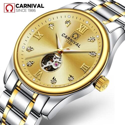 CARNIVAL Brand Gold Automatic Watch Men Fashion Luxury Waterproof Hollow Business Casual Mechanical Wristwatch Relogio Masculino