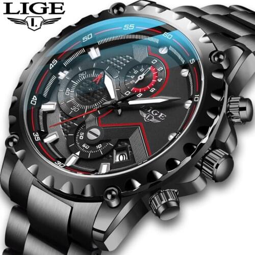 LIGE Mens Watches Top Luxury Brand Fashion Stainless Steel Waterproof Quartz Watch Men Sport Chronograph Clock Relogio Masculino