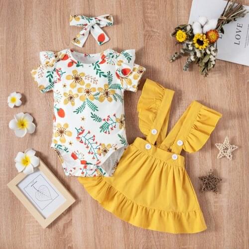 Summer New Infant Toddler Baby Girls Fashion Sweet Letter Printed Romper Top + Suspender Flower Skirt and Headband
