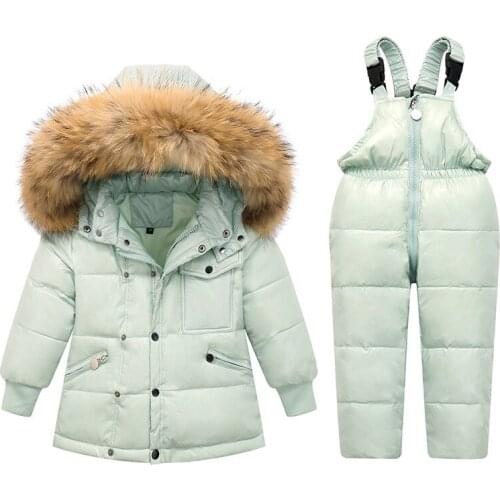 Jackets for Kids Snowsuits Girl Duck Down Parka Coat Boy Real Fur Outerwear Raccoon fur collar suspender trousers Baby Jumpsuit
