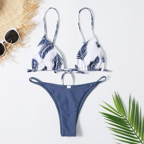 Sexy Leaf Print Two Piece Bikini Set Micro Triangle Swimwear Women String Thong Swimsuit Bathing Suit Biquini Bikinis 2021 Mujer