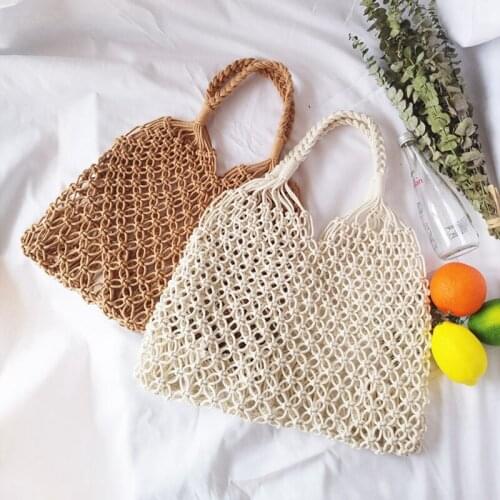 2 Pcs Fashion Popular Woven Bag Mesh Rope Weaving Tie Buckle Reticulate Hollow Bag No Lined Net Shoulder Bag, Brown & White