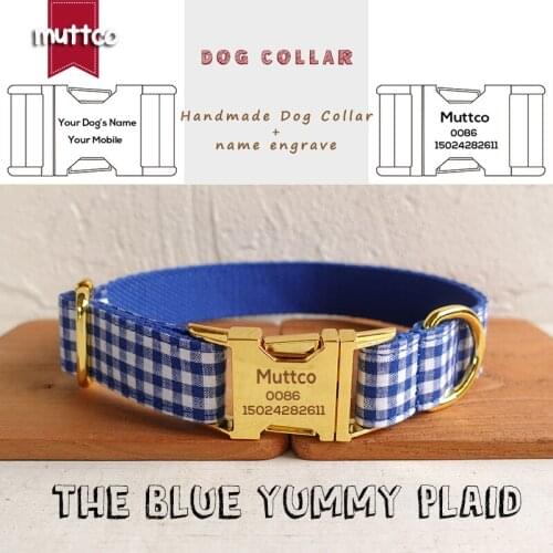 MUTTCO retailing self-design engraved personalized collar THE BLUE YUMMY PLAID adjustable dog collars leashes 5 sizes UDC046B