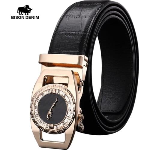 BISON DENIM Genuine Leather Men Belt 3.5cm Width Golden & Silver Color Automatic Buckle Fashion Cowskin Belts For Male N71395
