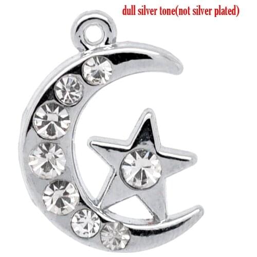 Zinc Metal Alloy + Rhinestone Charm Pendants Moon silver color Star Pattern White Rhinestone 20mmx14mm,1 Pc new