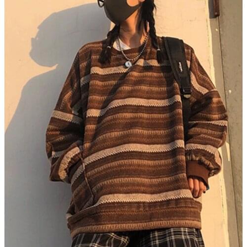 Casual Pullover Women Stripe Sweater Vintage Knitted Sweaters O Neck Loose Sweater Women Long Sleeve Kintwear Sueter De Mujer