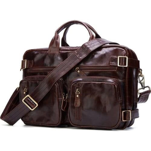 Luxury Genuine Leather Mens Briefcase Business Bag Leather Laptop bag 15.4"inch Messenger Bag men Shoulder Bag Tote Handbag