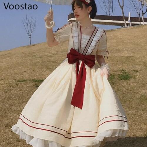 Vintage Elegant Lolita OP Princess Dress Women Romantic Chic Bow Ruffles Short Sleeve Fairy Dresses Female Sweet Party Dress
