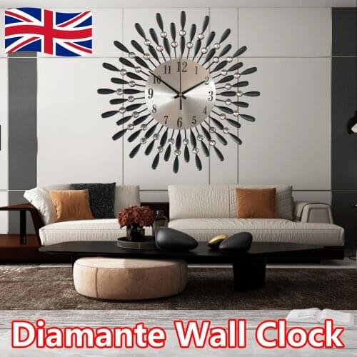 Vintage Metal Round Luxury Diamond Clock 3D Large Crystal Wall Clock UK Living Room Bedroom Silent Non Ticking Decoration
