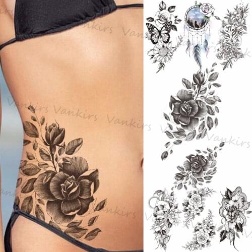 Flower Leaf Temporary Tattoos For Women Girls Realistic Butterfly Dream Catcher Mask Snake Fake Tattoo Sticker Waist Arm Tatoos