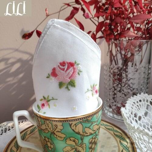 Embroidery BY Hand 100% Cotton Handicraft Gift Pink Rose Handkerchief