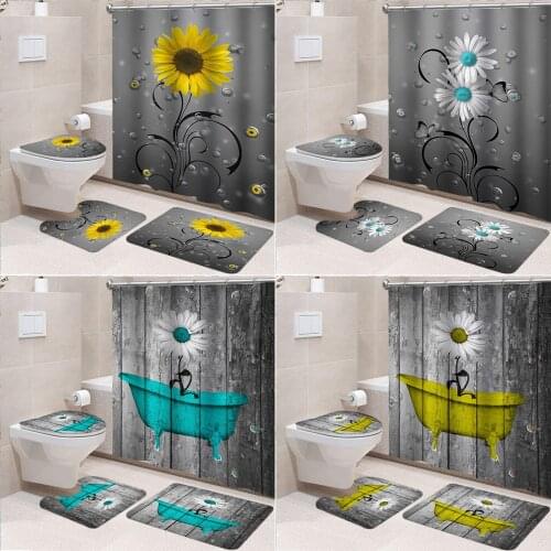 Sunflower Shower Curtain Bathroom Curtains 3d Waterproof Fabric Beautiful Flower Toilet Cover Mat Non-Slip Rug Set Home Decor