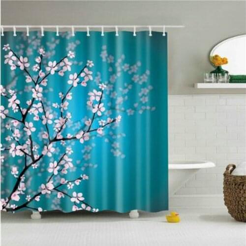 Pink Cherry Blossoms Tree Shower Curtains Spring Colorful Flower Scenery Bathroom Home Decor Fashion Blue Waterproof Curtain Set