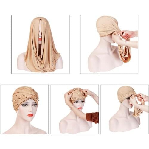 Women Elastic Cycling Turban Pearl Inlay Muslim Hijab Islamic India Caps Beads Hijab Scarf Headwraps Knotted Bandana Wrap Head