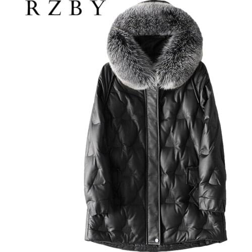 Leather Genuine women Jacket Winter Fox Hair Collar 100% Real Sheepskin Coat women White duck down Jacket fit Russian RZBY306