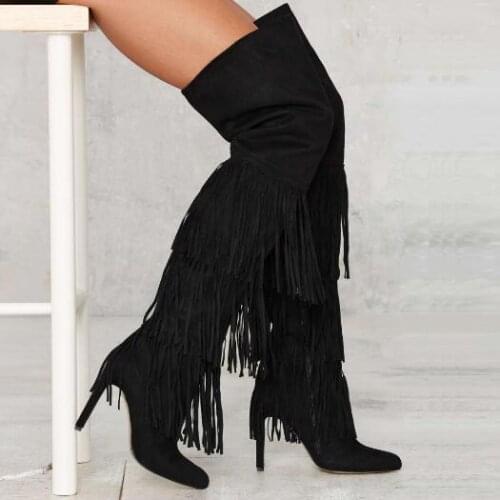 Woman Black Suede Tassel Pointed Toe Thigh Boots Female Fringed Layers Hidden Zip Side Stiletto Heels Over The Knee Long Boots