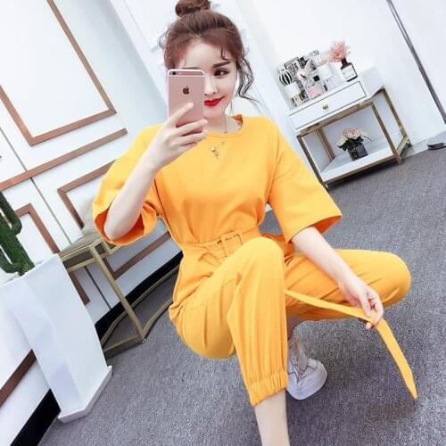 Women Jumpsuits Rompers Summer Casual Solid O-neck Sashes Overalls Jumpsuit Short Sleeve Loose Jumpsuit