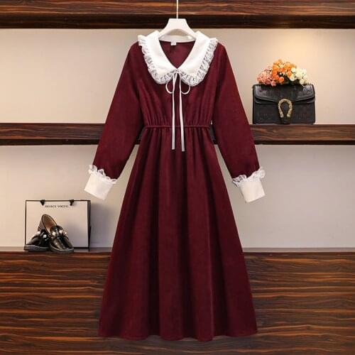 2021 New Fashion Autumn Solid Lace Patchwork Midi Dress For Women Long Lantern Sleeves Peter Pan Collar Sweet Vestidos