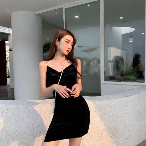 ZC2171 2020 Summer new Korean version women fashion sexy thin slit velvet shoulder-straps dress cheap wholesale