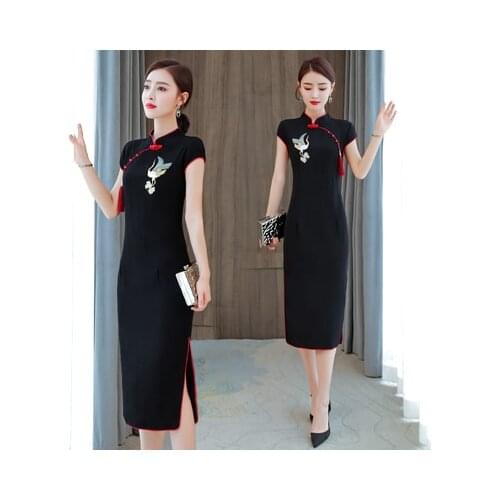 2021 New Summer Chinese Style Embroidery Modified Cheongsam Women Midi Dress Vintage Style Ladies Dresses Plus Size 4xl Black