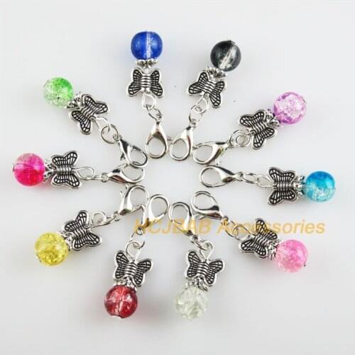 10 New Butterfly 10x20mm Charms Mixed Shivering Glass Tibetan Silver Plated Retro With Lobster Claw Clasps