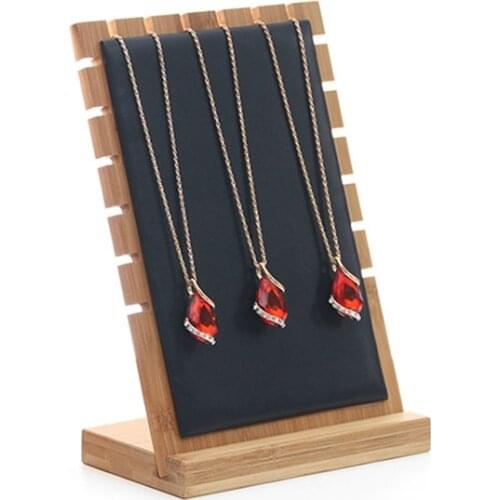 Bamboo Detachable Black PU Necklace Display Pendant Holder Rack Jewelry Display Organizer Storage Case For Window Display