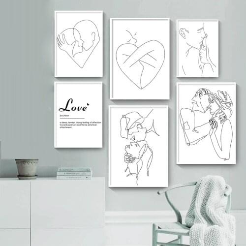 Black White Simple Canvas Painting Line Drawing Couple Kiss Abstract Posters Wall Art Print Decor Pictures Modern Home Decor