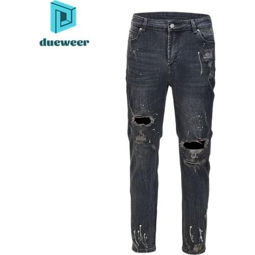Dueweer Men Swag Pencil Jeans Hole Biker Fashion Streetwear Trousers Mens Splash Ink Skinny Ripped High Waisted Denim Pants
