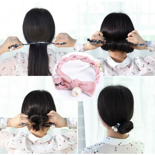 EASYA 2018 New Design Women French DIY Hairstyle Headband Tools Simulated Pearl Bowknot Twist Headband Magic Hair Bun Maker