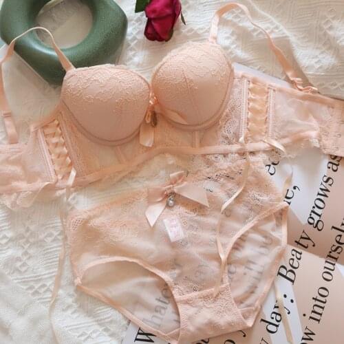 Wriufred Lace underwear bandage push up adjusted women lingerie set girl sexy underwire gathered bra panties set cute bow bras