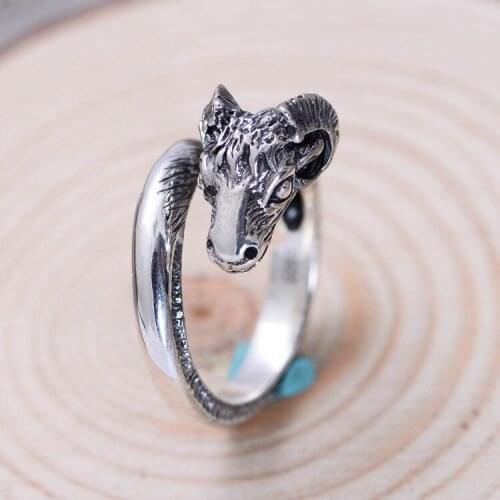 Small black silver wholesale 925 sterling silver jewelry, retro Thai silver lead sheep opening mens ring king style